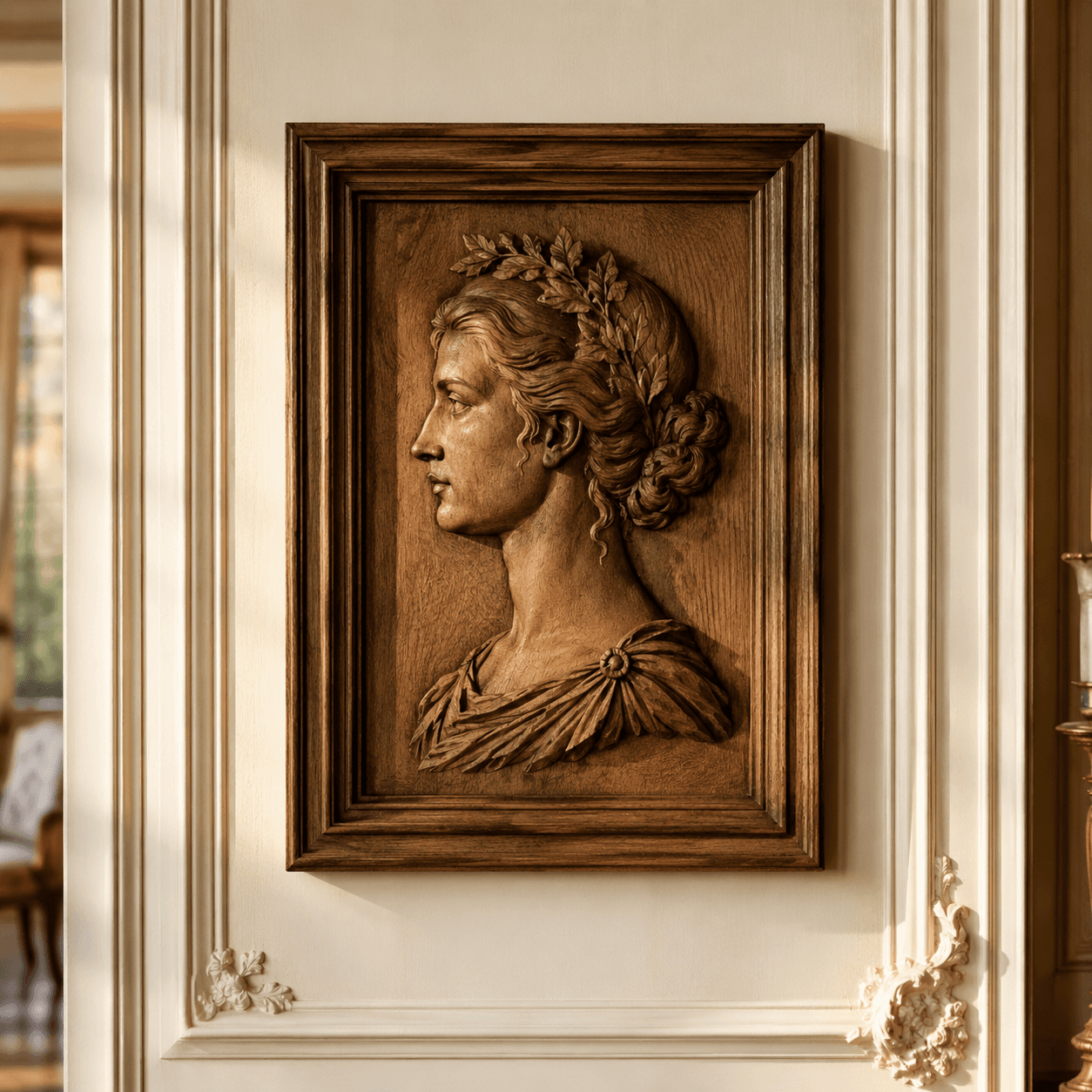 Portrait sculpté en bas-relief, profil encadré